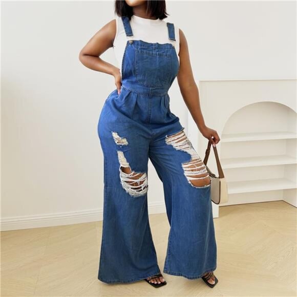 New Women’s Ripped Denim Overalls | Wide-Leg Cargo Jumpsuit | Adjustable Strap - Picture 5 of 7